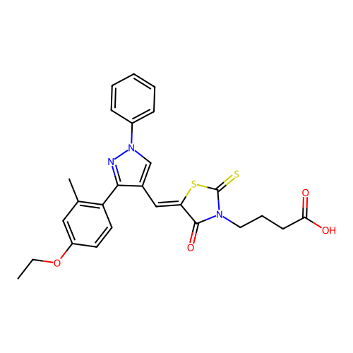 4-[(5Z)-5-{[3-(4-ethoxy-2-methylphenyl)-1-phenyl-1H-pyrazol-4-yl]methylidene}-4-oxo-2-thioxo-1,3-thiazolidin-3-yl]butanoic acid structure