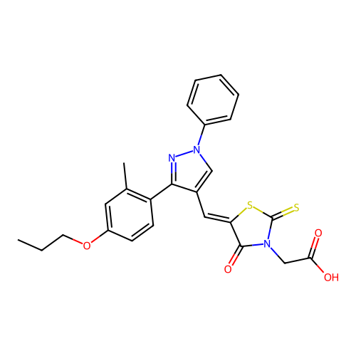 [(5Z)-5-{[3-(2-methyl-4-propoxyphenyl)-1-phenyl-1H-pyrazol-4-yl]methylidene}-4-oxo-2-thioxo-1,3-thiazolidin-3-yl]acetic acid structure