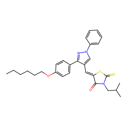 (5Z)-5-({3-[4-(hexyloxy)phenyl]-1-phenyl-1H-pyrazol-4-yl}methylidene)-3-(2-methylpropyl)-2-thioxo-1,3-thiazolidin-4-one structure