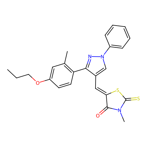 (5Z)-3-methyl-5-{[3-(2-methyl-4-propoxyphenyl)-1-phenyl-1H-pyrazol-4-yl]methylidene}-2-thioxo-1,3-thiazolidin-4-one structure
