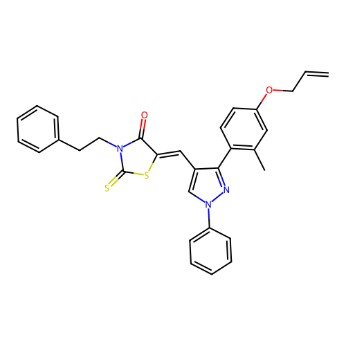 (5Z)-5-({3-[2-methyl-4-(prop-2-en-1-yloxy)phenyl]-1-phenyl-1H-pyrazol-4-yl}methylidene)-3-(2-phenylethyl)-2-thioxo-1,3-thiazolidin-4-one structure