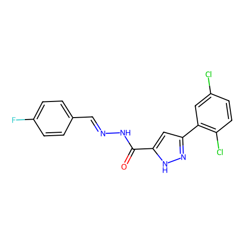 (E)-3-(2,5-dichlorophenyl)-N'-(4-fluorobenzylidene)-1H-pyrazole-5-carbohydrazide structure