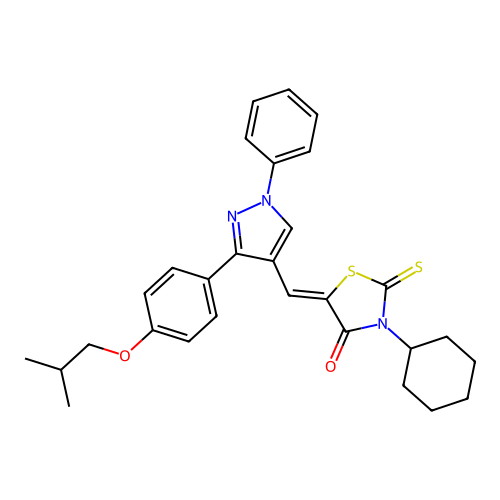 (Z)-3-cyclohexyl-5-((3-(4-isobutoxyphenyl)-1-phenyl-1H-pyrazol-4-yl)methylene)-2-thioxothiazolidin-4-one structure