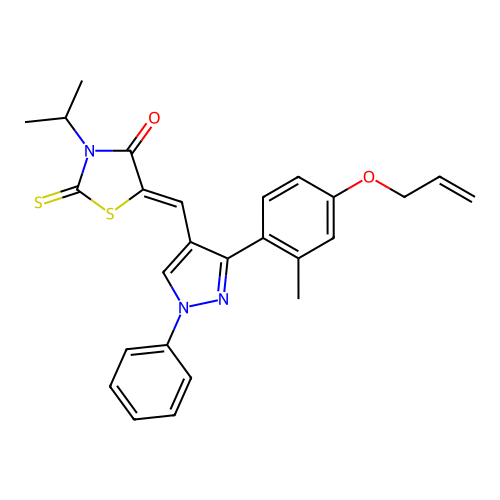 (5Z)-5-({3-[2-methyl-4-(prop-2-en-1-yloxy)phenyl]-1-phenyl-1H-pyrazol-4-yl}methylidene)-3-(propan-2-yl)-2-thioxo-1,3-thiazolidin-4-one structure