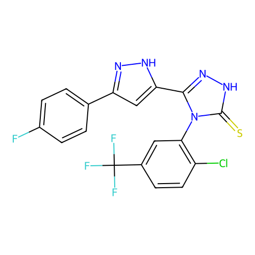 4-(2-chloro-5-(trifluoromethyl)phenyl)-5-(3-(4-fluorophenyl)-1H-pyrazol-5-yl)-4H-1,2,4-triazole-3-thiol structure