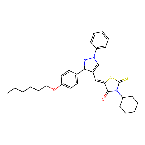 (5Z)-3-cyclohexyl-5-({3-[4-(hexyloxy)phenyl]-1-phenyl-1H-pyrazol-4-yl}methylidene)-2-thioxo-1,3-thiazolidin-4-one structure