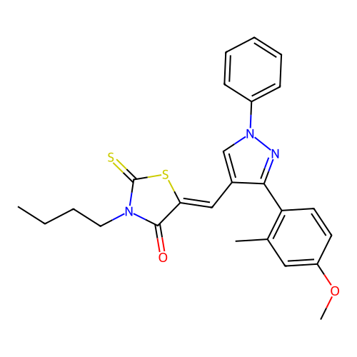 (5Z)-3-butyl-5-{[3-(4-methoxy-2-methylphenyl)-1-phenyl-1H-pyrazol-4-yl]methylidene}-2-thioxo-1,3-thiazolidin-4-one structure