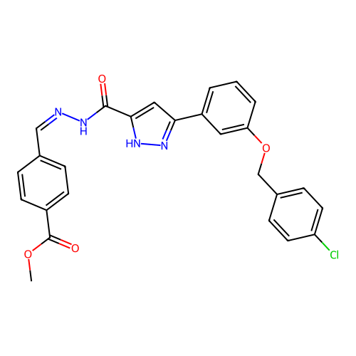 methyl 4-[(E)-{2-[(5-{3-[(4-chlorobenzyl)oxy]phenyl}-1H-pyrazol-3-yl)carbonyl]hydrazinylidene}methyl]benzoate structure