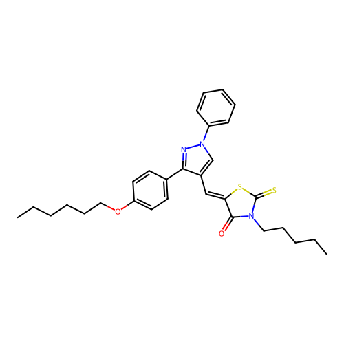 (5Z)-5-({3-[4-(hexyloxy)phenyl]-1-phenyl-1H-pyrazol-4-yl}methylidene)-3-pentyl-2-thioxo-1,3-thiazolidin-4-one structure