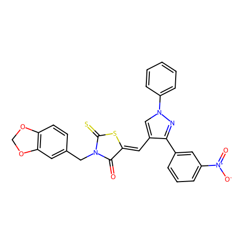 (Z)-3-(benzo[d][1,3]dioxol-5-ylmethyl)-5-((3-(3-nitrophenyl)-1-phenyl-1H-pyrazol-4-yl)methylene)-2-thioxothiazolidin-4-one structure