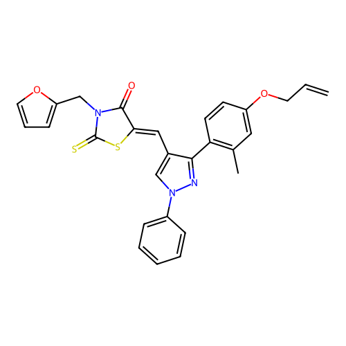 (5Z)-3-(furan-2-ylmethyl)-5-({3-[2-methyl-4-(prop-2-en-1-yloxy)phenyl]-1-phenyl-1H-pyrazol-4-yl}methylidene)-2-thioxo-1,3-thiazolidin-4-one structure