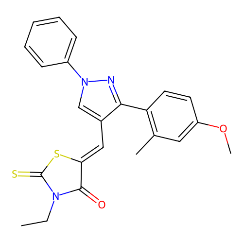(5Z)-3-ethyl-5-{[3-(4-methoxy-2-methylphenyl)-1-phenyl-1H-pyrazol-4-yl]methylidene}-2-thioxo-1,3-thiazolidin-4-one structure
