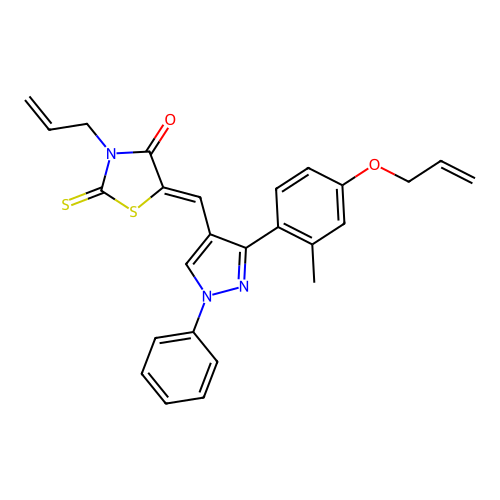 (5Z)-5-({3-[2-methyl-4-(prop-2-en-1-yloxy)phenyl]-1-phenyl-1H-pyrazol-4-yl}methylidene)-3-(prop-2-en-1-yl)-2-thioxo-1,3-thiazolidin-4-one structure