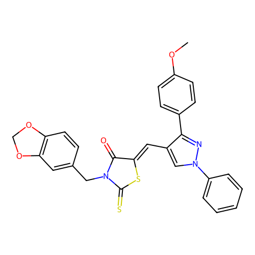 (5Z)-3-(1,3-benzodioxol-5-ylmethyl)-5-{[3-(4-methoxyphenyl)-1-phenyl-1H-pyrazol-4-yl]methylidene}-2-thioxo-1,3-thiazolidin-4-one structure