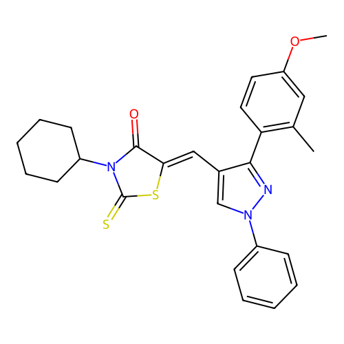 (5Z)-3-cyclohexyl-5-{[3-(4-methoxy-2-methylphenyl)-1-phenyl-1H-pyrazol-4-yl]methylidene}-2-thioxo-1,3-thiazolidin-4-one structure