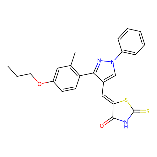 (5Z)-5-{[3-(2-methyl-4-propoxyphenyl)-1-phenyl-1H-pyrazol-4-yl]methylidene}-2-thioxo-1,3-thiazolidin-4-one structure