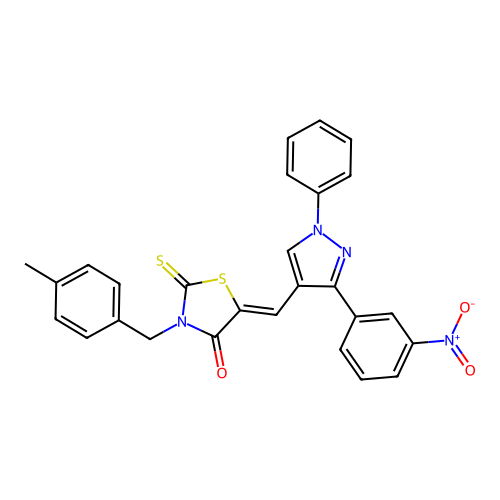 (5Z)-3-(4-methylbenzyl)-5-{[3-(3-nitrophenyl)-1-phenyl-1H-pyrazol-4-yl]methylidene}-2-thioxo-1,3-thiazolidin-4-one structure