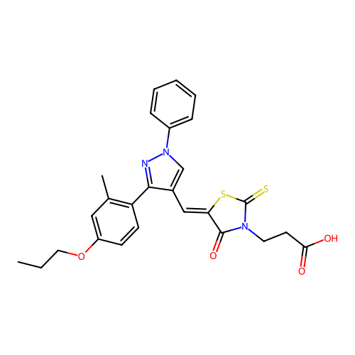 3-[(5Z)-5-{[3-(2-methyl-4-propoxyphenyl)-1-phenyl-1H-pyrazol-4-yl]methylidene}-4-oxo-2-thioxo-1,3-thiazolidin-3-yl]propanoic acid structure