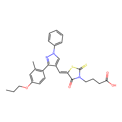 4-[(5Z)-5-{[3-(2-methyl-4-propoxyphenyl)-1-phenyl-1H-pyrazol-4-yl]methylidene}-4-oxo-2-thioxo-1,3-thiazolidin-3-yl]butanoic acid structure