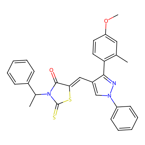 (5Z)-5-{[3-(4-methoxy-2-methylphenyl)-1-phenyl-1H-pyrazol-4-yl]methylidene}-3-(1-phenylethyl)-2-thioxo-1,3-thiazolidin-4-one structure