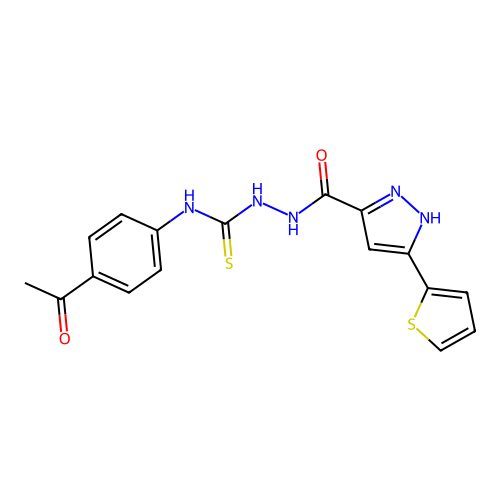 1-(4-acetylphenyl)-3-[(5-thiophen-2-yl-1H-pyrazole-3-carbonyl)amino]thiourea structure