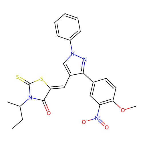 (5Z)-3-(butan-2-yl)-5-{[3-(4-methoxy-3-nitrophenyl)-1-phenyl-1H-pyrazol-4-yl]methylidene}-2-thioxo-1,3-thiazolidin-4-one structure