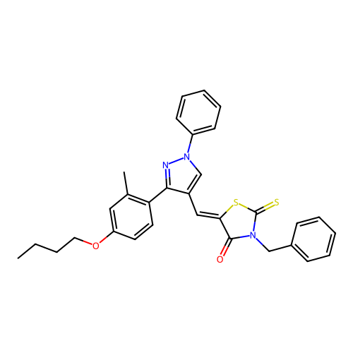 (5Z)-3-benzyl-5-{[3-(4-butoxy-2-methylphenyl)-1-phenyl-1H-pyrazol-4-yl]methylidene}-2-thioxo-1,3-thiazolidin-4-one structure