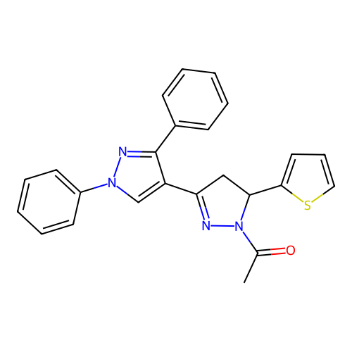 1-(1',3'-diphenyl-5-(thiophen-2-yl)-4,5-dihydro-1H,1'H-[3,4'-bipyrazol]-1-yl)ethanone structure