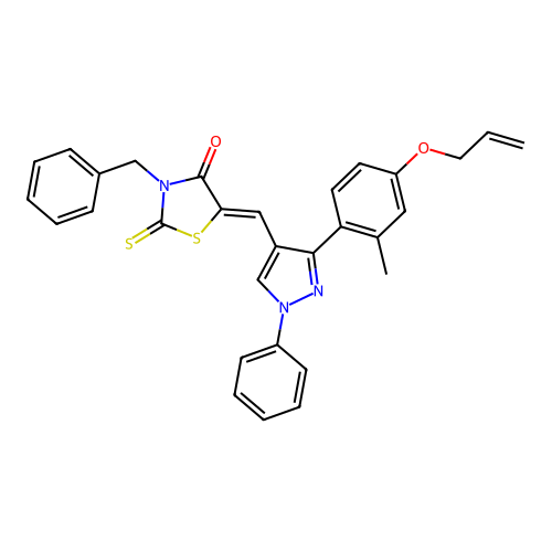 (5Z)-3-benzyl-5-({3-[2-methyl-4-(prop-2-en-1-yloxy)phenyl]-1-phenyl-1H-pyrazol-4-yl}methylidene)-2-thioxo-1,3-thiazolidin-4-one structure