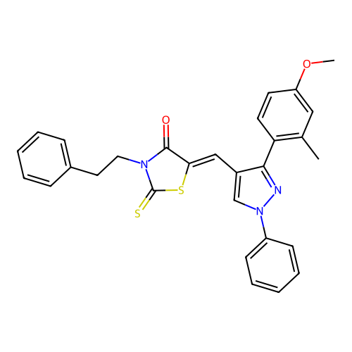(5Z)-5-{[3-(4-methoxy-2-methylphenyl)-1-phenyl-1H-pyrazol-4-yl]methylidene}-3-(2-phenylethyl)-2-thioxo-1,3-thiazolidin-4-one structure