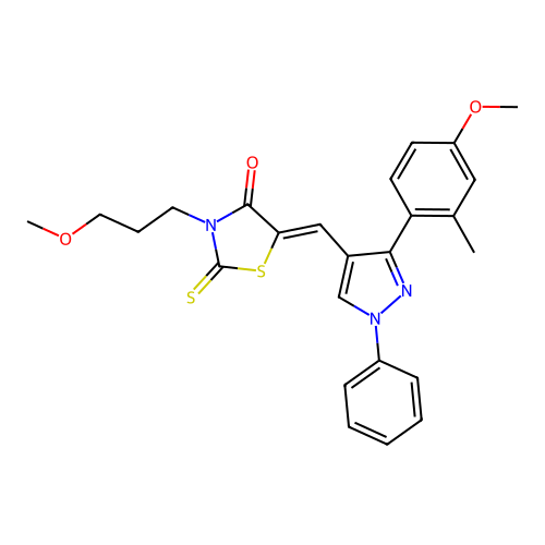(5Z)-5-{[3-(4-methoxy-2-methylphenyl)-1-phenyl-1H-pyrazol-4-yl]methylidene}-3-(3-methoxypropyl)-2-thioxo-1,3-thiazolidin-4-one structure