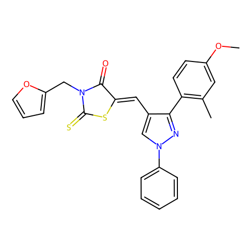 (5Z)-3-(furan-2-ylmethyl)-5-{[3-(4-methoxy-2-methylphenyl)-1-phenyl-1H-pyrazol-4-yl]methylidene}-2-thioxo-1,3-thiazolidin-4-one structure