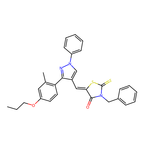 (5Z)-3-benzyl-5-{[3-(2-methyl-4-propoxyphenyl)-1-phenyl-1H-pyrazol-4-yl]methylidene}-2-thioxo-1,3-thiazolidin-4-one structure