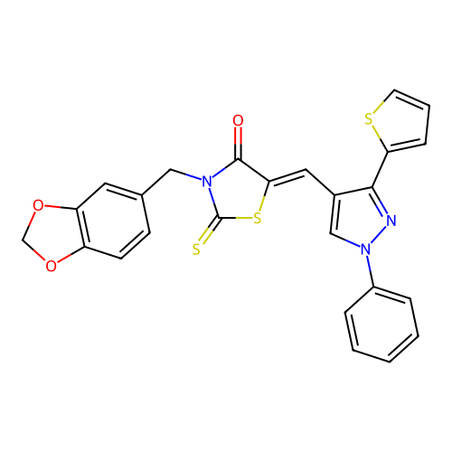 (5Z)-3-(1,3-benzodioxol-5-ylmethyl)-5-{[1-phenyl-3-(thiophen-2-yl)-1H-pyrazol-4-yl]methylidene}-2-thioxo-1,3-thiazolidin-4-one structure