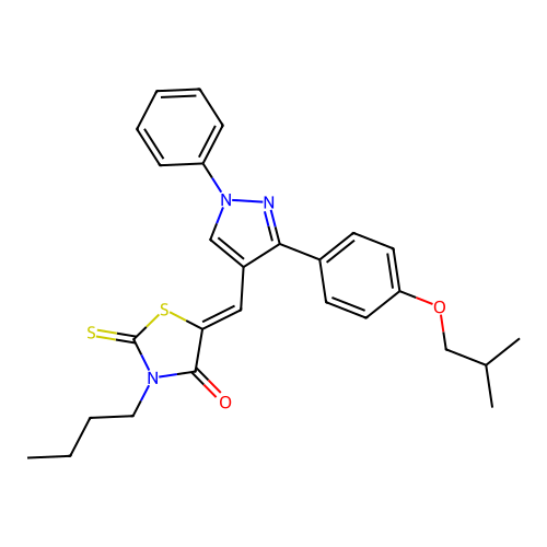 (5Z)-3-butyl-5-{[3-(4-isobutoxyphenyl)-1-phenyl-1H-pyrazol-4-yl]methylene}-2-thioxo-1,3-thiazolidin-4-one structure