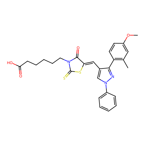6-[(5Z)-5-{[3-(4-methoxy-2-methylphenyl)-1-phenyl-1H-pyrazol-4-yl]methylidene}-4-oxo-2-thioxo-1,3-thiazolidin-3-yl]hexanoic acid structure