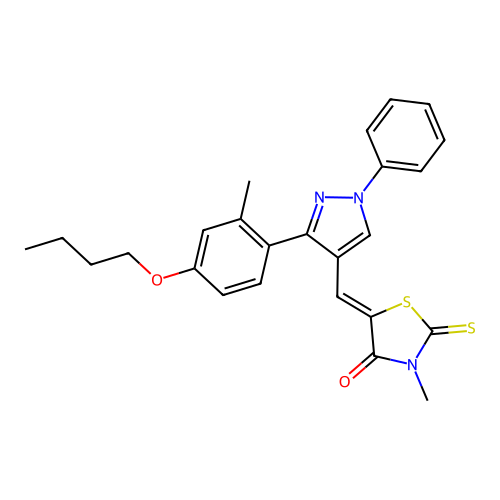 (5Z)-5-{[3-(4-butoxy-2-methylphenyl)-1-phenyl-1H-pyrazol-4-yl]methylidene}-3-methyl-2-thioxo-1,3-thiazolidin-4-one structure