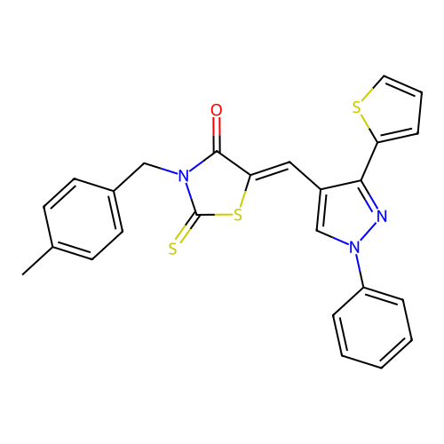 (5Z)-3-[(4-methylphenyl)methyl]-5-[(1-phenyl-3-thiophen-2-ylpyrazol-4-yl)methylidene]-2-sulfanylidene-1,3-thiazolidin-4-one structure
