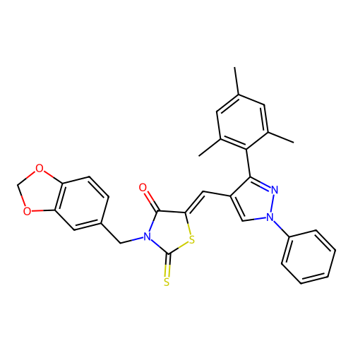 (5Z)-3-(1,3-benzodioxol-5-ylmethyl)-5-{[1-phenyl-3-(2,4,6-trimethylphenyl)-1H-pyrazol-4-yl]methylidene}-2-thioxo-1,3-thiazolidin-4-one structure