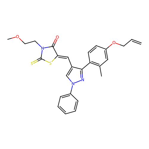 (5Z)-3-(2-methoxyethyl)-5-({3-[2-methyl-4-(prop-2-en-1-yloxy)phenyl]-1-phenyl-1H-pyrazol-4-yl}methylidene)-2-thioxo-1,3-thiazolidin-4-one structure