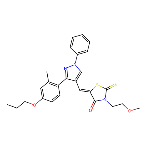 (5Z)-3-(2-methoxyethyl)-5-{[3-(2-methyl-4-propoxyphenyl)-1-phenyl-1H-pyrazol-4-yl]methylene}-2-thioxo-1,3-thiazolidin-4-one structure