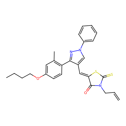 (5Z)-3-allyl-5-{[3-(4-butoxy-2-methylphenyl)-1-phenyl-1H-pyrazol-4-yl]methylene}-2-thioxo-1,3-thiazolidin-4-one structure