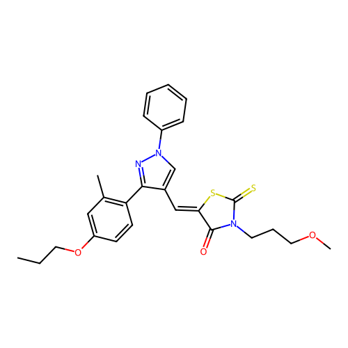 (5Z)-3-(3-methoxypropyl)-5-{[3-(2-methyl-4-propoxyphenyl)-1-phenyl-1H-pyrazol-4-yl]methylene}-2-thioxo-1,3-thiazolidin-4-one structure