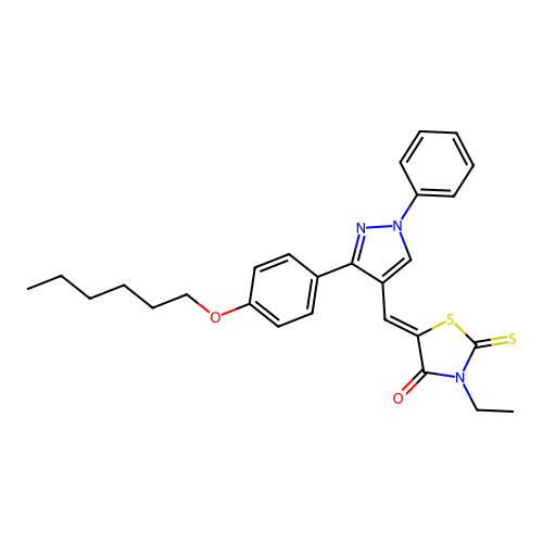 (5Z)-3-ethyl-5-({3-[4-(hexyloxy)phenyl]-1-phenyl-1H-pyrazol-4-yl}methylidene)-2-thioxo-1,3-thiazolidin-4-one structure