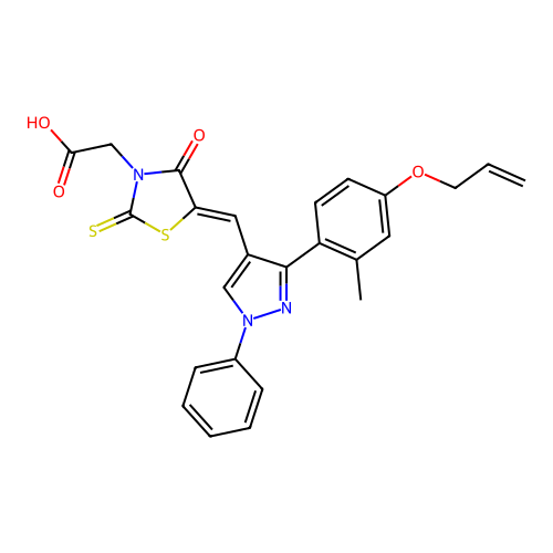 (Z)-2-(5-((3-(4-(allyloxy)-2-methylphenyl)-1-phenyl-1H-pyrazol-4-yl)methylene)-4-oxo-2-thioxothiazolidin-3-yl)acetic acid structure
