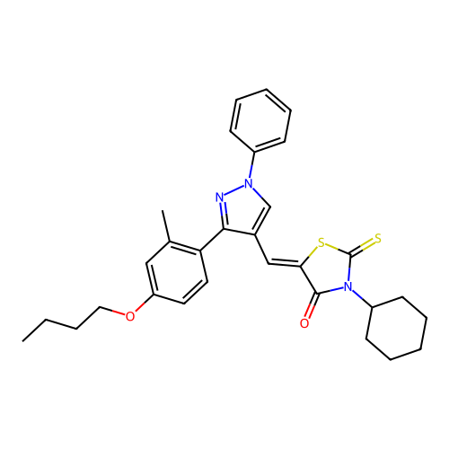 (5Z)-5-{[3-(4-butoxy-2-methylphenyl)-1-phenyl-1H-pyrazol-4-yl]methylidene}-3-cyclohexyl-2-thioxo-1,3-thiazolidin-4-one structure