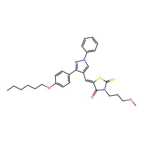 (5Z)-5-({3-[4-(hexyloxy)phenyl]-1-phenyl-1H-pyrazol-4-yl}methylidene)-3-(3-methoxypropyl)-2-thioxo-1,3-thiazolidin-4-one structure
