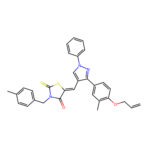 (5Z)-3-(4-methylbenzyl)-5-({3-[3-methyl-4-(prop-2-en-1-yloxy)phenyl]-1-phenyl-1H-pyrazol-4-yl}methylidene)-2-thioxo-1,3-thiazolidin-4-one structure