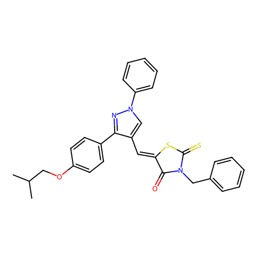 (5Z)-3-benzyl-5-{[3-(4-isobutoxyphenyl)-1-phenyl-1H-pyrazol-4-yl]methylene}-2-thioxo-1,3-thiazolidin-4-one structure