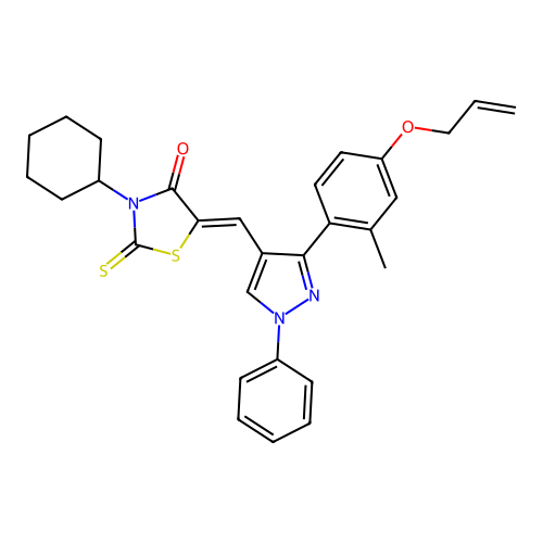 (5Z)-3-cyclohexyl-5-({3-[2-methyl-4-(prop-2-en-1-yloxy)phenyl]-1-phenyl-1H-pyrazol-4-yl}methylidene)-2-thioxo-1,3-thiazolidin-4-one structure